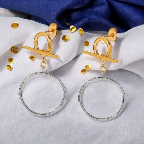 🆕️Versatile OT Buckle Two-Tone Hoop Earrings | 18K Gold Plated Stainless Steel - Picture 1 of 14